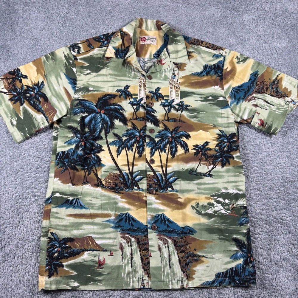 VTG Hilo Hattie Hawaiian Shirt Mens Medium Green Aloha Tower‎ Made in USA